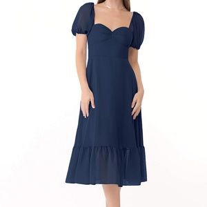 A-Line Sweetheart Ruched Chiffon Tea-Length Dress Dark Navy